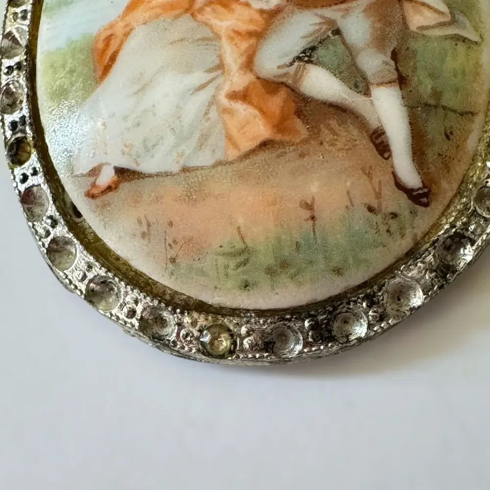 Victorian Lovers Nickel Silver Fragonard Milk Glass Cameo Clip Brooch Vintage